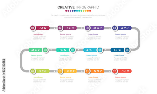 Timeline business for 12 months, 1 year, Timeline infographics design vector and Presentation business can be used for Business concept with 12 options, steps or processes. 