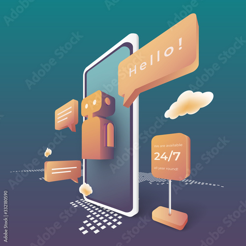 Digital technology with artificial intelligence. mobile application online service with chat bot and consulting. vector 3d perspective illustration. 