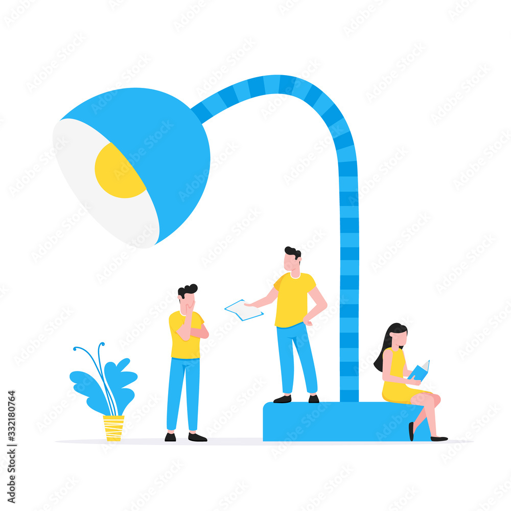Fototapeta premium Tiny literature fans sitting on big books flat style design vector illustration isolated on white background. Book festival or students education concept.