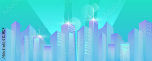 Vector horizontal city background with skyscrapers in blue trendy colors. Urban panoramic view with modern architecture in flat style. Abstract neon banner