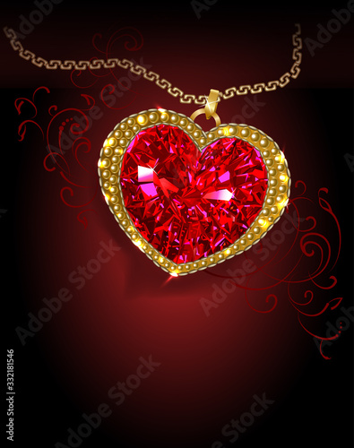 Beautiful ruby red heart shaped with a shiny gold rim and a gold chain on a dark background. Vector illustration.