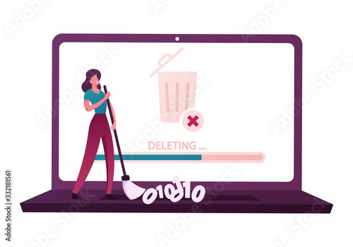 Cleaning Computer Space, Deletion of Secret Information and Docs. Tiny Female Character Sweeping Binary Code on Keyboard of Huge Laptop with Litter Bin on Desktop Screen. Cartoon Vector Illustration photo