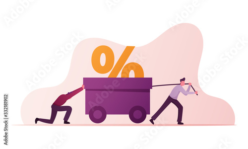 Businesspeople Characters Dragging Huge Trolley with Heavy Percent Sign. Businessmen Having Unbearable Bank Loan, Tax Burden Payment Obligation, Financial Debt. Cartoon People Vector Illustration