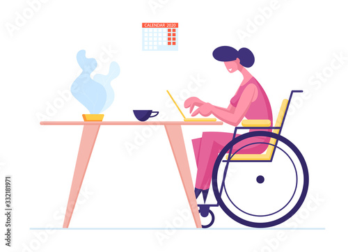 Handicapped Female Character Freelance Worker Earning Money in Internet. Disabled Woman on Wheelchair Working on Laptop with Calendar 2020 Hanging on Wall. Online Income. Cartoon Vector Illustration