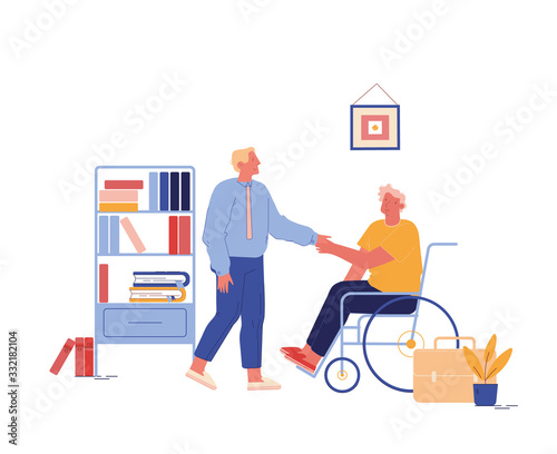 Disability Employment, Work for Disabled People. Handicapped Man Character Sit in Wheelchair Shaking Hand with Boss or Colleague in Office Introducing with New Workplace. Cartoon Vector Illustration