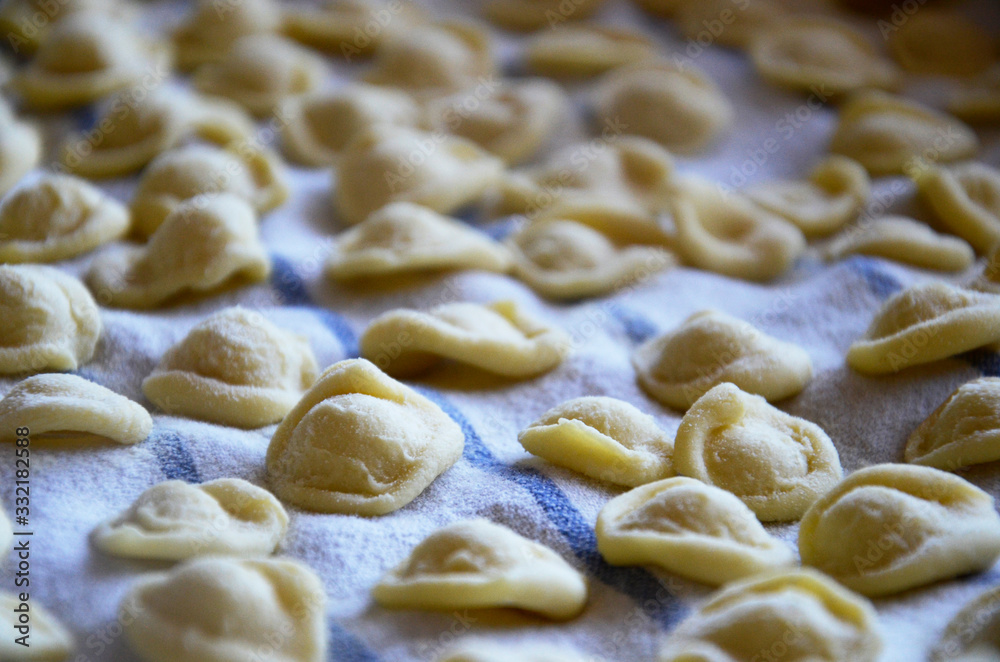 Closeup of homemade orecchiette. fresh italian traditional raw fresh pasta