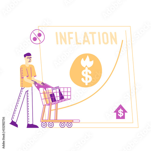 Inflation, Recession and Depreciation Concept. Depressed Man Customer Character with Shopping Trolley Looking at Rising Price Arrow. Financial Crisis, Corporate Sale Drop. Linear Vector Illustration