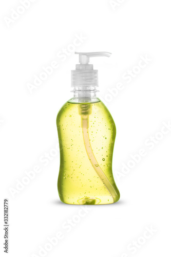 Clear hand sanitiser in a clear bottle isolated on a white background. Hand sanitiser is used for killing germs, bacteria and viruses, coronavirus, H1N1 flu or swine flu.
