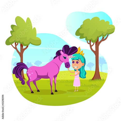 Purple Unicorn with Luxuriant Mane. Little Fairy with Turquoise Hair and Golden Crown  Petting Magic Creature  Smiling Cheerful and Warm  in Green Summer Forest. Cute Cartoon Characters.