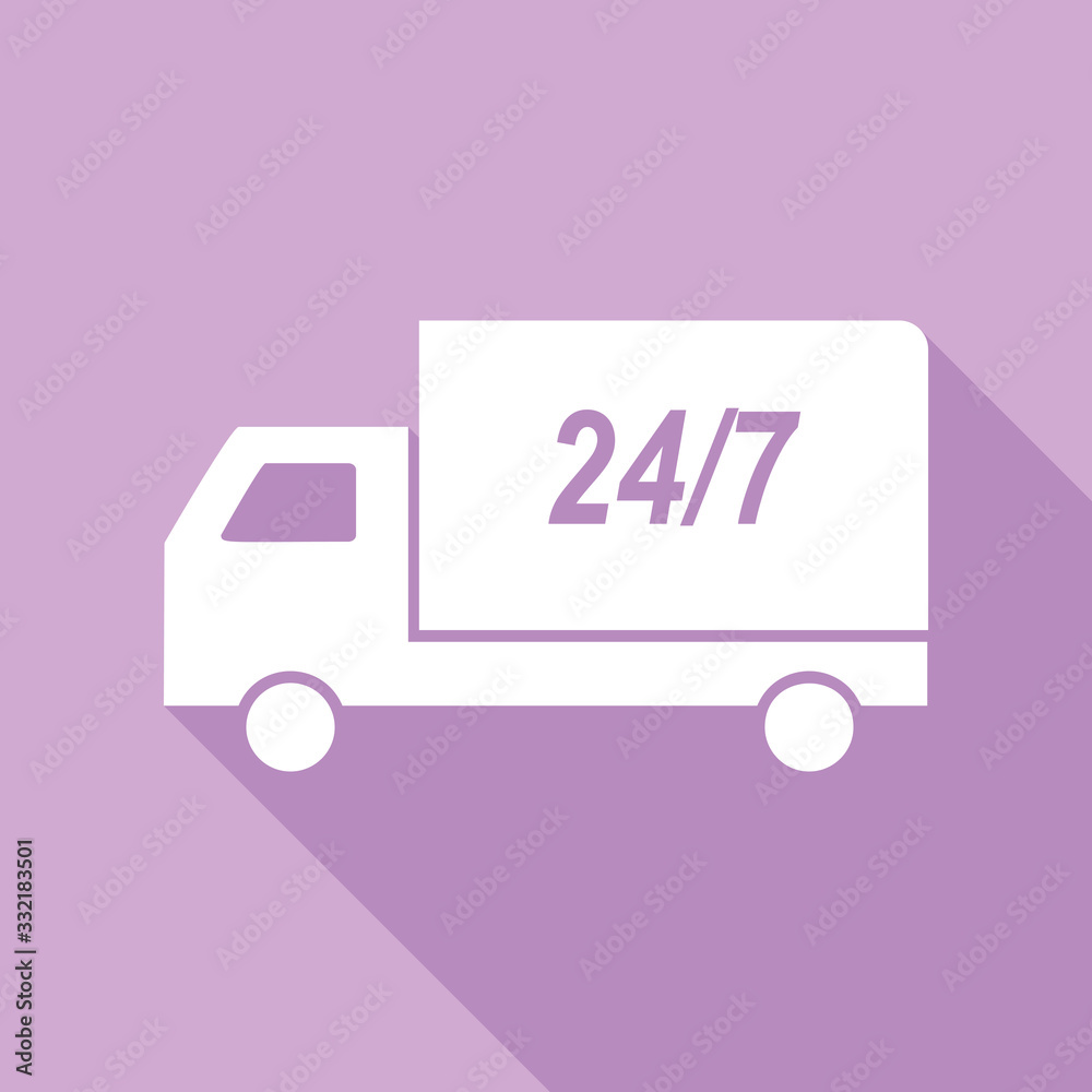 Home delivery sign. White Icon with long shadow at purple background. Illustration. Home delivery sign. White Icon with long shadow at purple background. Illustration.