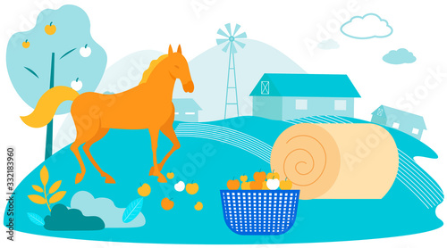 Rudy Horse Stand near Apple Tree on Farm. Vector Illustration. Natural Product. Farm Products. Rudy Horse on Field Farm. Horses at Farm near Hay Stack. Apples on Grass near Apple Trees.