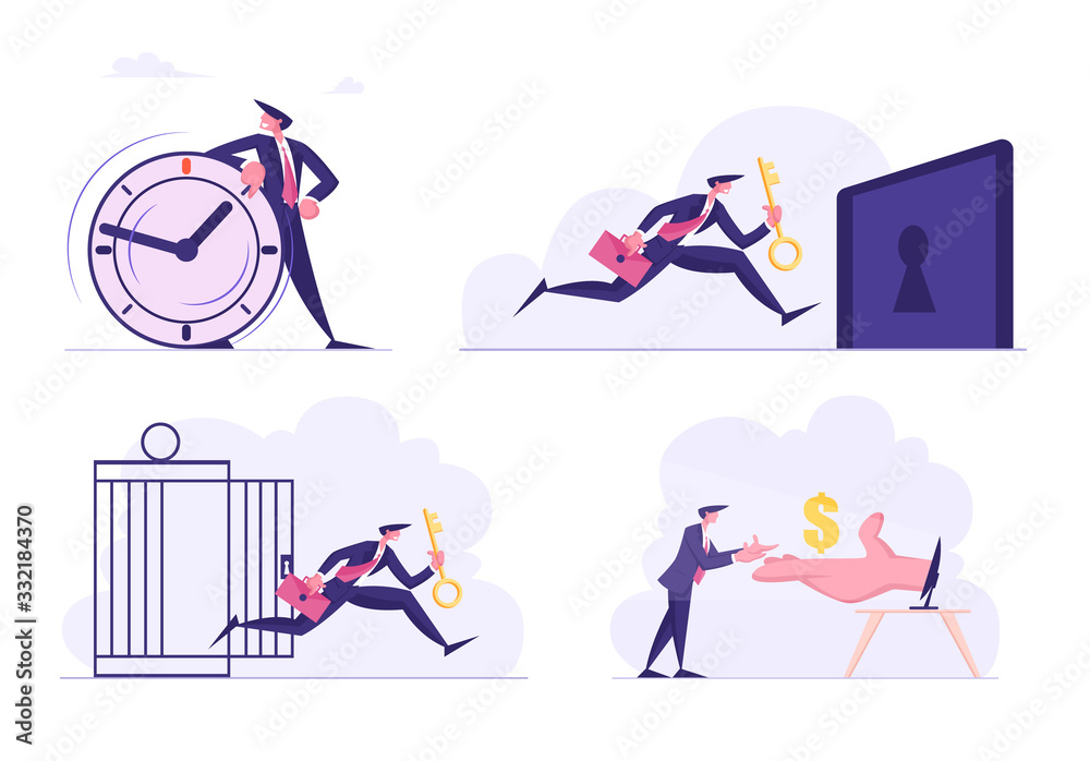 Set of Business People with Huge Clock, Male Character Escape Jail with Key in Hand, Take Money from Pc Desktop and Run to Lock Isolated on White Background. Cartoon Vector Illustration, Clip art