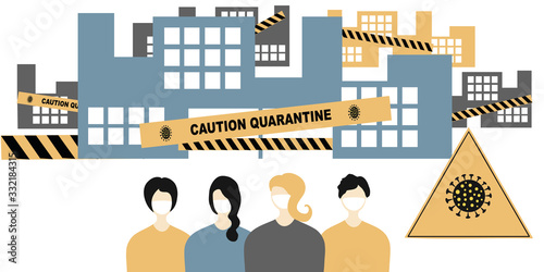 Closing of factories and industries due to coronavirus concept. Coronavirus 2019-nCoV, people in white medical face mask, closed enterprises in the background
