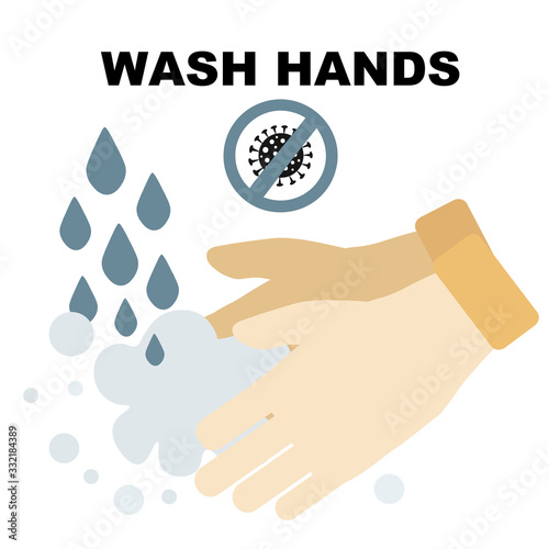 Coronavirus, covid-19  wash hands concept. Man washes his hands thoroughly with detergent, crossed out the sign of the coronovirus.