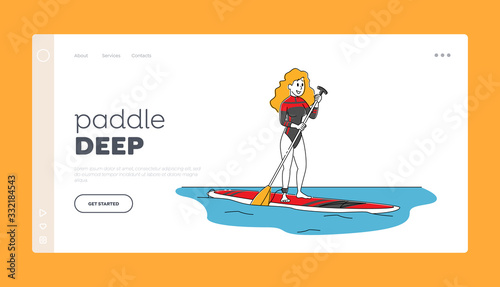 Woman Paddling on SUP Board Landing Page Template. Young Female Character Wear Sportive Swimwear Holding Paddle Stand on Surfboard. Outdoors Summertime Water Sport Activity. Linear Vector Illustration