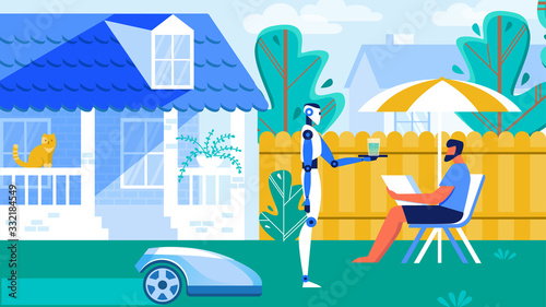 Robots Serving and Helping with Household Cartoon Flat Vector Illustration. Automated Lawnmowe . Man Sitting on Sunbed Resting in Backyard, Robot Mowing Grass. Smart Machine Bringing Water.