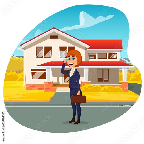 Cute Cartoon Realtor, Young Positive Smiling Red Haired Woman, Wearing Dark Blue Business Suit and Holding Brown Leather Briefcase, Talking on Smartphone. Cozy Two Story House in Background.