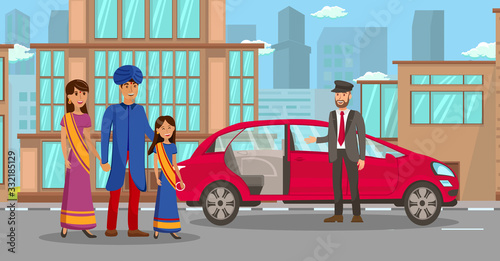 Wealthy Indian Family Waiting for Car Illustration. Father, Mother and Daughter Cartoon Characters. Rich People in Traditional Clothes. Chauffeur, Transportation Service Employee in Suit. Family Trip