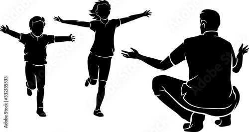 Father Ready to Hug his Children, Silhouette Illustration