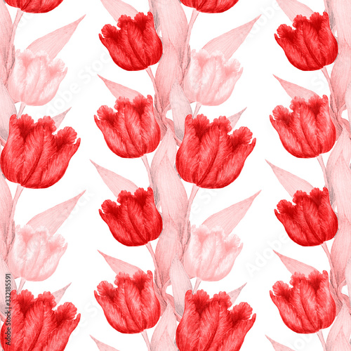 Seamless pattern with garden flowers: tulips, peony, rose, lily, bluebell. Decorative floral pattern. Colorful nature background. Can be used for wedding invitations or any kind of a design.