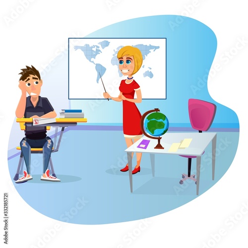 Backward Problem High School Student, Sitting at His Desk in Despair. He Received F Grade in Geography Class. Smiling Blonde Teacher With Pointer and Terrestrial Globe. Cute Cartoon Characters.