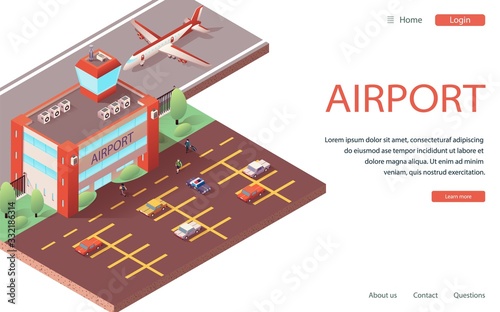 Landing Website Isometric Modern Airport Terminal. Vector Flat Illustration Building Construction with Airplane Runway, Aircraft. Parking with Cars, Police Car, People, Tourists Rush to Plane