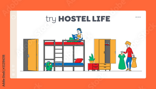 Cheap Accommodation for Students and Tourists Landing Page Template. Young Female Characters Roommates Living in Hostel, Girl Reading Book Sit on Bunk Bed. Linear People. Linear Vector Illustration