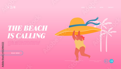 Summertime Vacation, Holiday and Active Lifestyle Landing Page Template. Young Happy Overweight Woman Character Hold Huge Tropical Hat in Hand Run along Summer Sandy Beach. Cartoon Vector Illustration