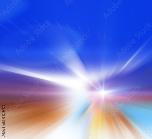 Abstract sky, blurry background - concept. Blurry field, sun, burst, blue and blur sky, illustration. Star, burst of light.