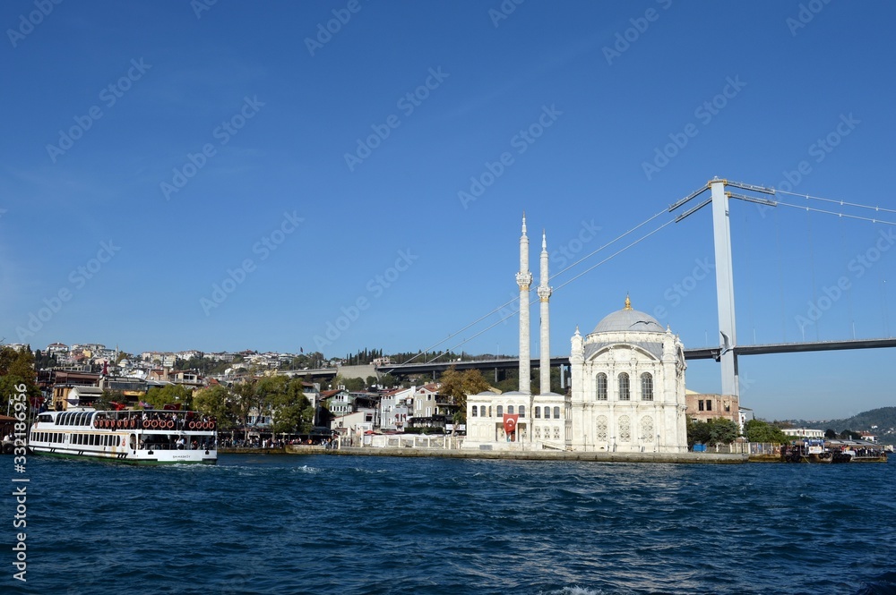 View of the Ortakoy mosque and the Bosphorus bridge in Istanbul