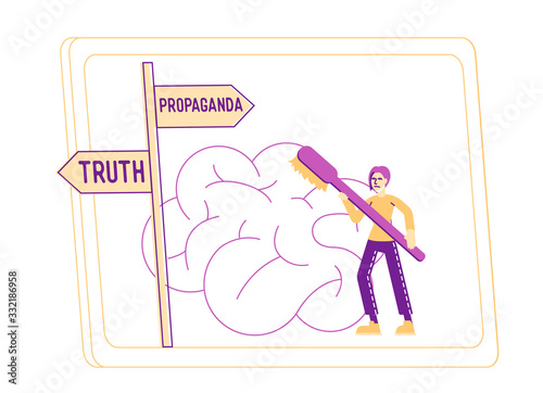 Brainwashing, Mass Media Propaganda and Manipulation Concept. Male Character Washing Huge Human Brain with Toothbrush on Television Screen. False Information, Fabrication. Linear Vector Illustration