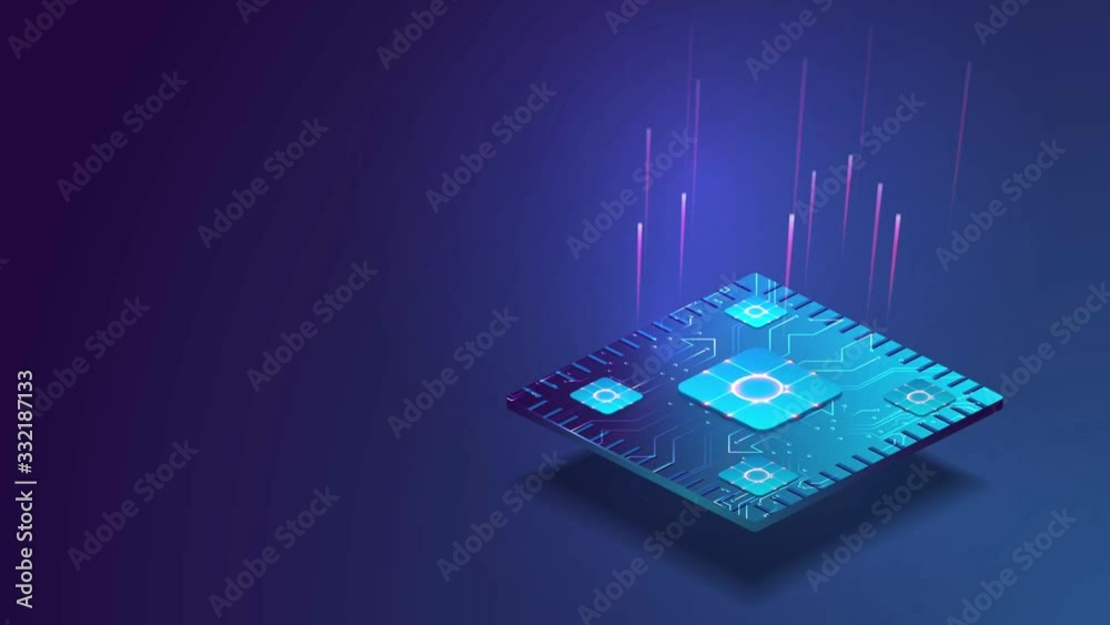 Futuristic microchip processor with lights on the blue background. Quantum computer, large data processing, database concept. CPU isometric banner. Central Computer Processors CPU concept.Digital chip