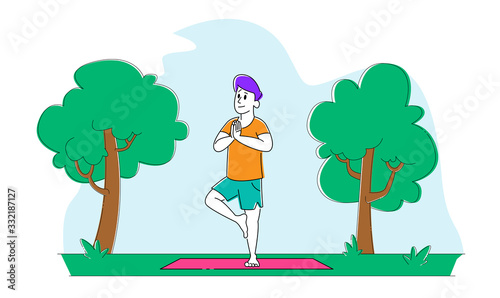 Yoga Practice. Male Character Stand on Mat on One Leg Asana Engage Fitness at Park Nature Landscape Background. Aerobics Healthy Sport Lifestyle, Pilates Workout Training. Linear Vector Illustration