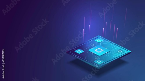 Futuristic microchip processor with lights on the blue background. Quantum computer, large data processing, database concept. CPU isometric banner. Central Computer Processors CPU concept.Digital chip