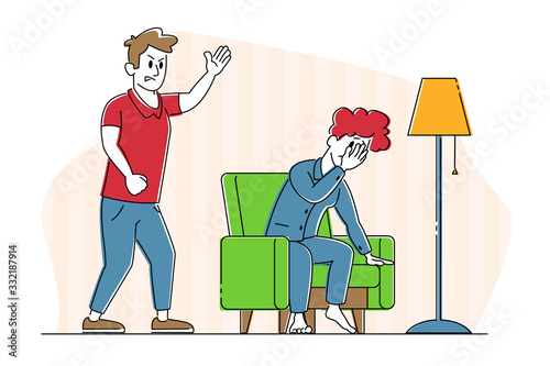 Young Family Quarrel and Swear Concept. Aggressive Man Character Yelling on Crying Woman. Family Violence, Scandal of Husband and Wife. Human Relations Spousal Abuse. Linear People Vector Illustration