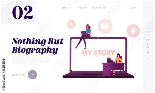 Famous Author Life Story Landing Page Template. Tiny Female Characters at Huge Laptop Writing Biography. Girl Typing on Computer, Woman Printing Book on Typewriter. Cartoon People Vector Illustration