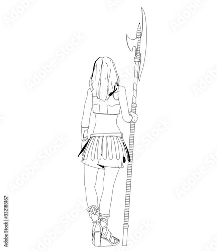 warrior woman character  3D illustration  sketch  outline