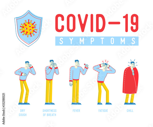 Coronavirus Symptoms Concept. Dry Cough  Shortness of Breath  Fever  Fatigue  Chill. Infographics Elements  People Characters Medical Banner  Pneumonia Disease Poster Flyer. Linear Vector Illustration