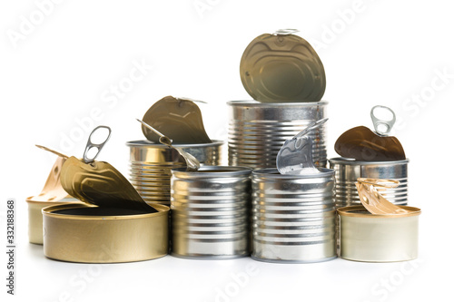 A lot of uncovered metal tin cans isolated on a white background photo