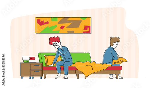 Spouse Quarrel Concept. Sad Offended Married Couple Wearing Pajamas Sitting on Bed Feeling Bad cos of Arguing. Divorce, Family Crisis and Conflict Situation, Disappointment. Linear Vector Illustration