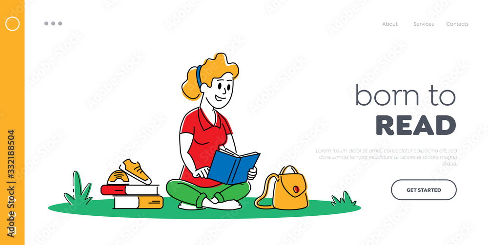 Fototapeta premium Education in University or College Landing Page Template. Young Woman with Book Sitting on Grass Prepare to Examination or Make Homework. Student Girl Character Learning. Linear Vector Illustration