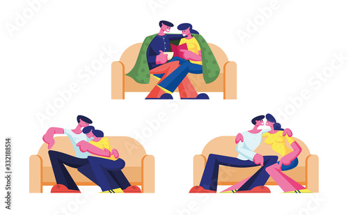 Set of Young Loving Couple Characters Spend Time at Home Sitting on Couch Chatting, Drinking Tea, Reading Book on Weekend. Love Flirting Sparetime, Family Relations. Cartoon People Vector Illustration