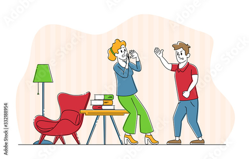 Domestic Violence and Spousal Abuse Concept. Young Family Quarrel and Swear in Living Room. Aggressive Man Yell on Woman. Husband and Wife Scandal, Human Relations. Linear People Vector Illustration
