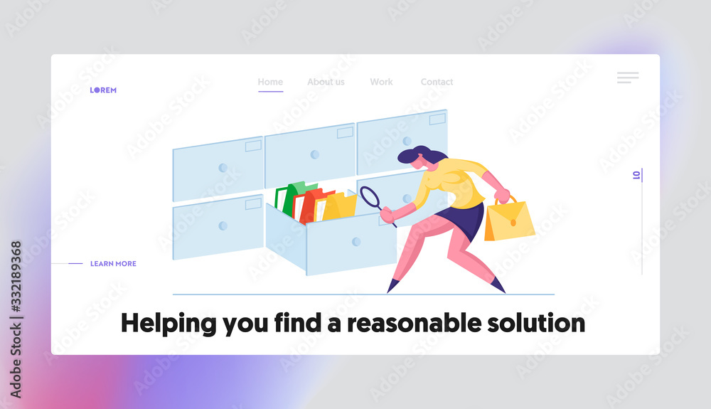 Businesswoman Look for Documents in Archive Storage Landing Page Template. Office Employee Character Searching File with Magnifying Glass. Business Data Administration. Cartoon Vector Illustration