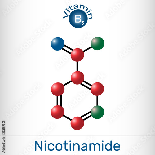 Nicotinamide, NAM, C6H6N2O  molecule. It is vitamin B3 found in food, used as a dietary supplement. Molecule model