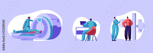 Set Mri Scanning and Fluorography Diagnostic Procedure. Doctor Character Looking at Results of Patient Body Scan on Pc Screen. Magnetic Resonance Imaging Scanner. Cartoon People Vector Illustration