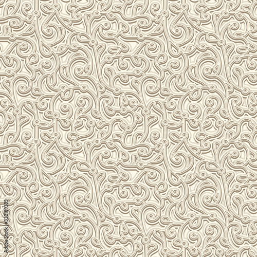 Vintage beige seamless pattern. Embossed leather or paper texture. Swirly floral ornament in neutral color. 