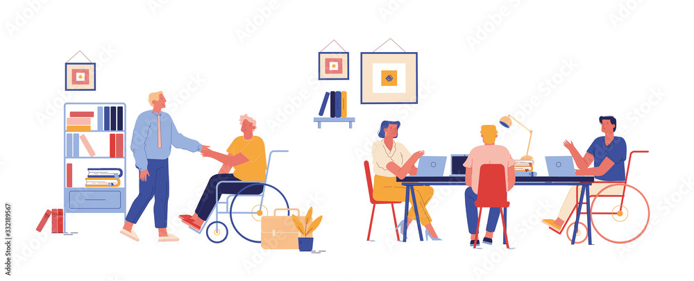 Handicapped People Working in Office. Disabled Man Character Shaking Hand with Colleague at Workplace. Invalid Business Man Sit in Wheelchair Work at Laptop with Partners. Cartoon Vector Illustration