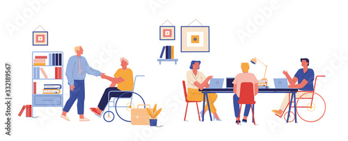 Handicapped People Working in Office. Disabled Man Character Shaking Hand with Colleague at Workplace. Invalid Business Man Sit in Wheelchair Work at Laptop with Partners. Cartoon Vector Illustration