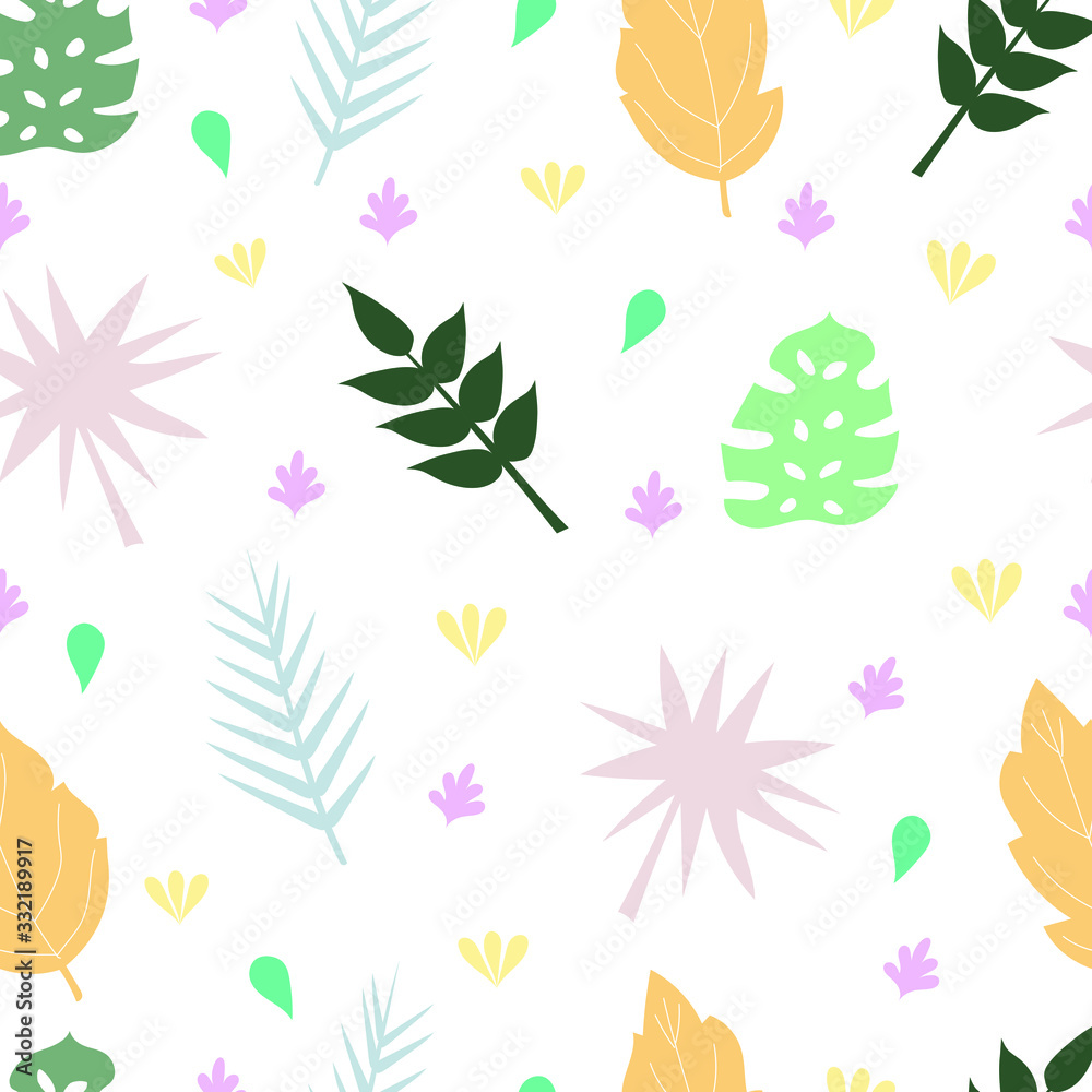 Seamless pattern with the image of tropical leaves. Vector illustration.  A